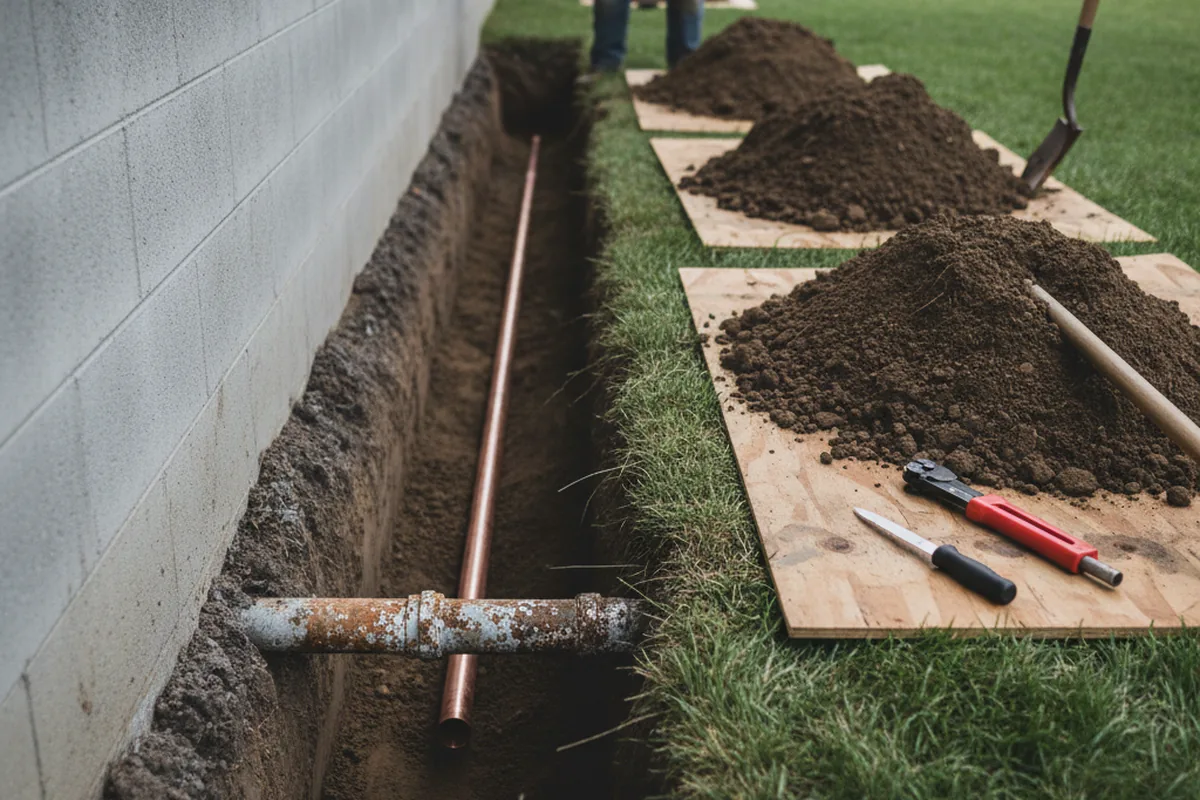 Excavated water line trench during Sewer Line Repair in Mad River